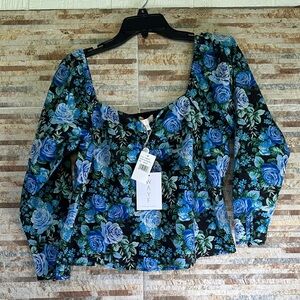 Wayf Black and Blue Floral Blouse